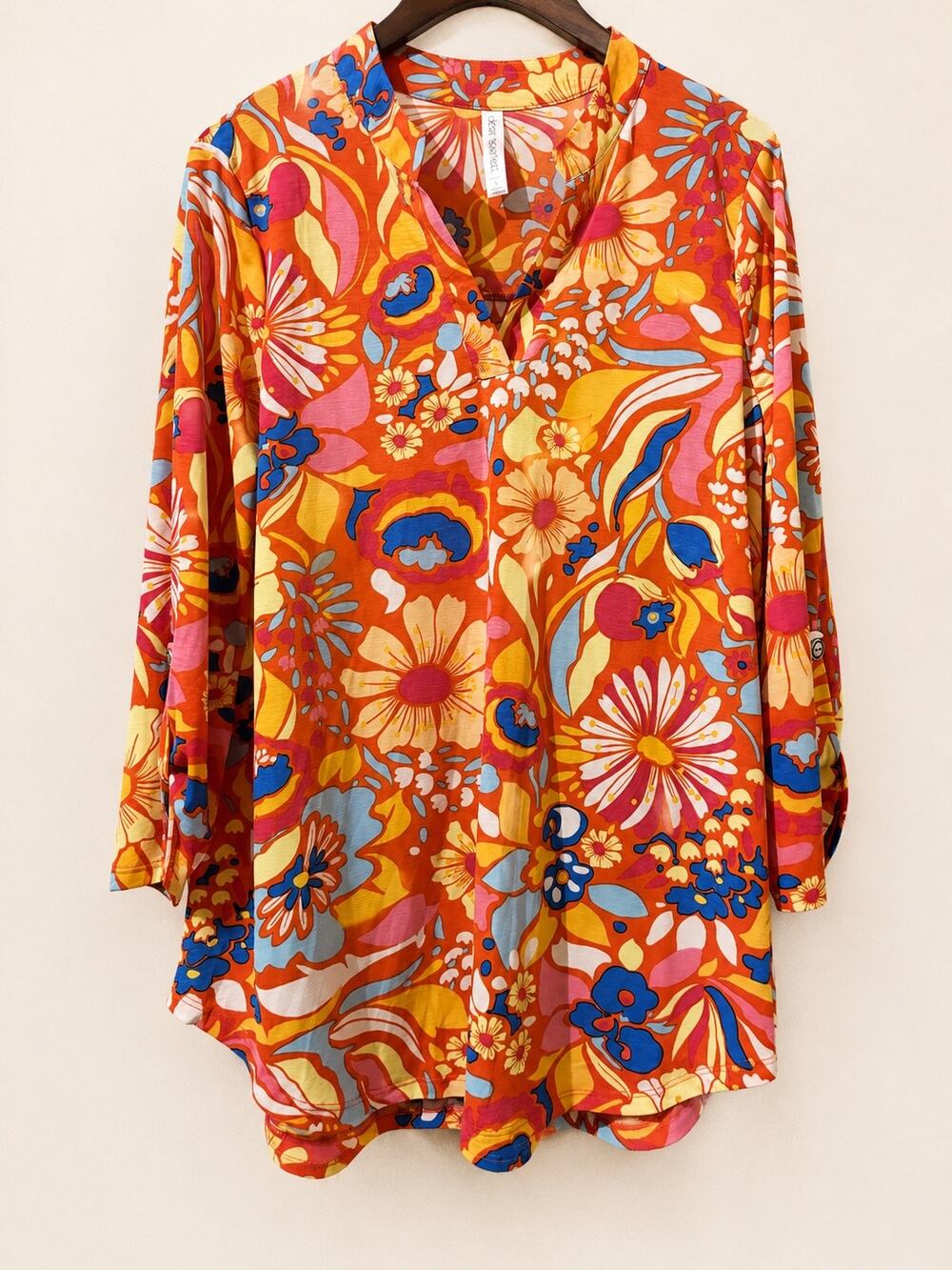 Dear Scarlett Large Orange Floral Tunic Blouse Stretch Roll Tab Sleeve Retro